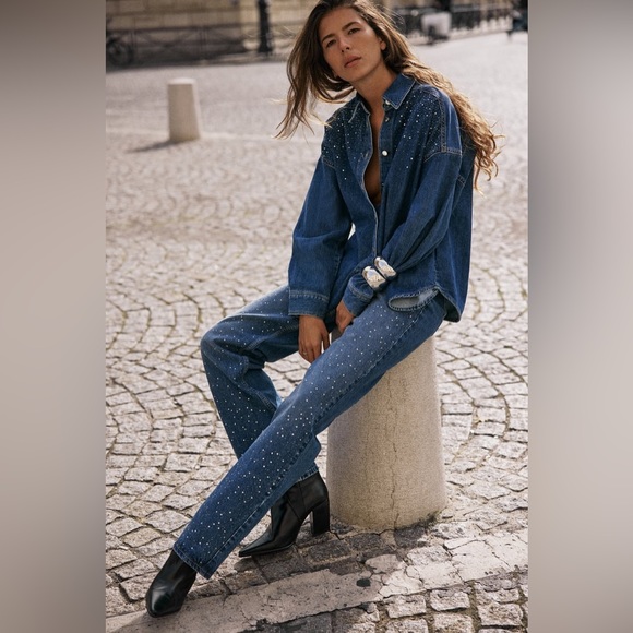 ZARA Z1975 FULL LENGTH STRAIGHT CUT BEADED JEANS WITH A HIGH WAIST - Picture 3 of 8